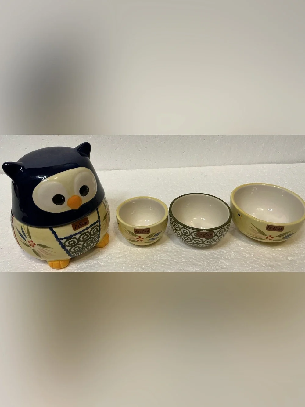 Temp-tations Old World Owl Nesting Ceramic Measuring Cup Set Blue Ivory Cottage